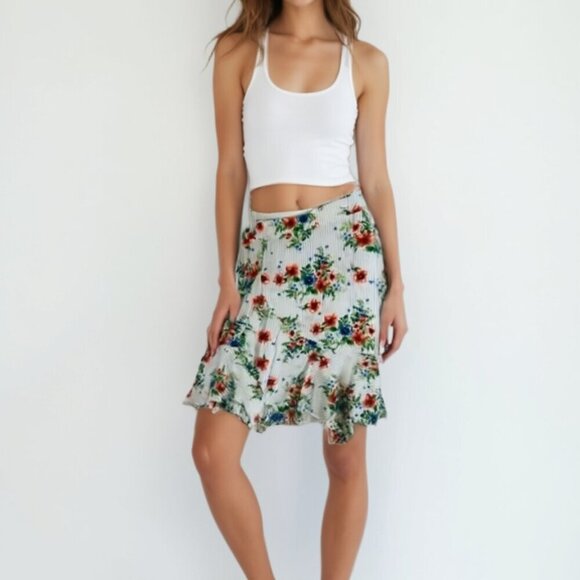 Meg & Margot Stripes Floral Blue Green Coral White Ruffle Front Belt S - Picture 1 of 9